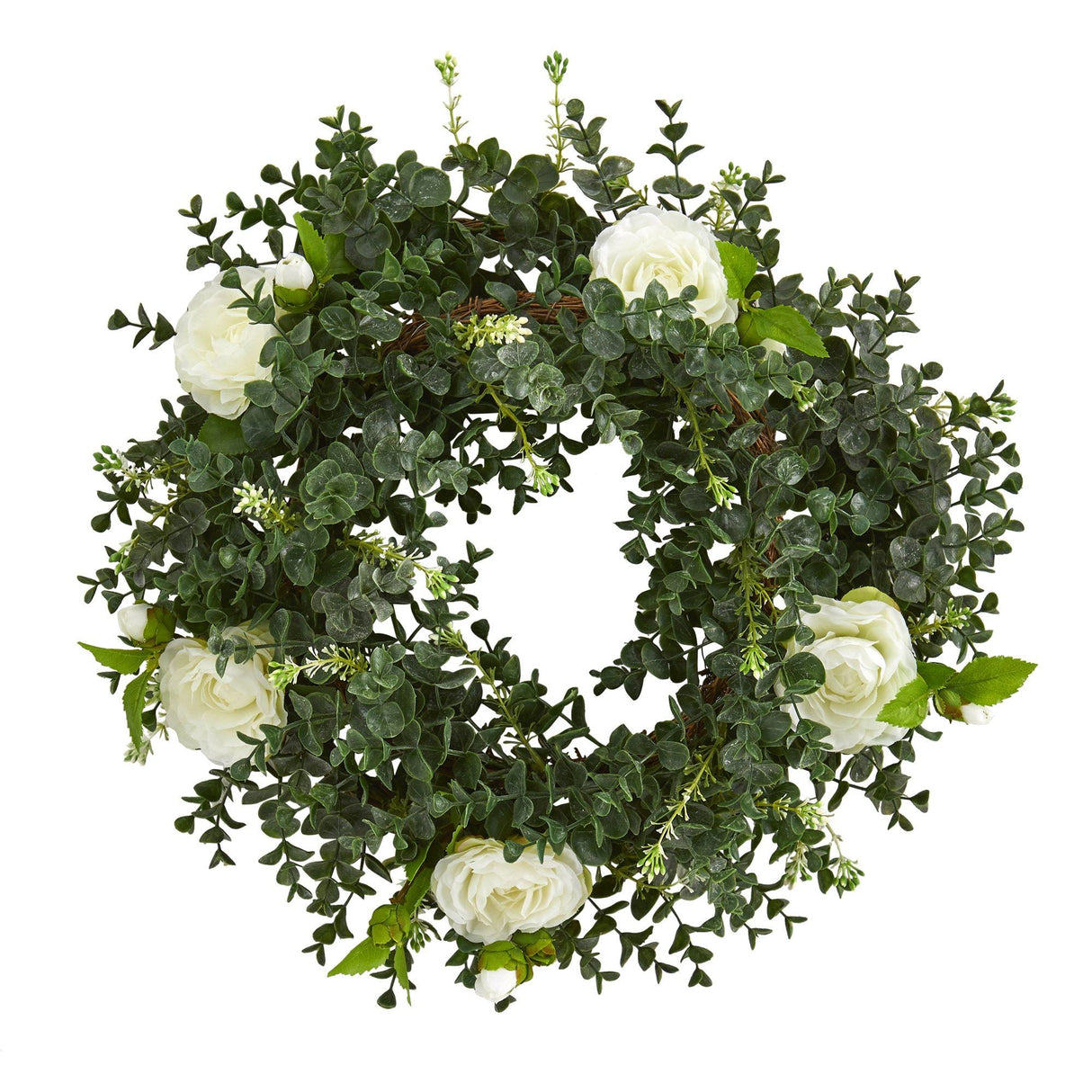 18” Eucalyptus and Camellia Double Ring Artificial Wreath with Twig Base-Parc Decor