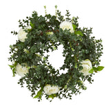 18” Eucalyptus and Camellia Double Ring Artificial Wreath with Twig Base-Parc Decor