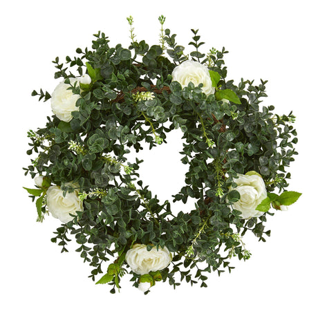 18” Eucalyptus and Camellia Double Ring Artificial Wreath with Twig Base-Parc Decor