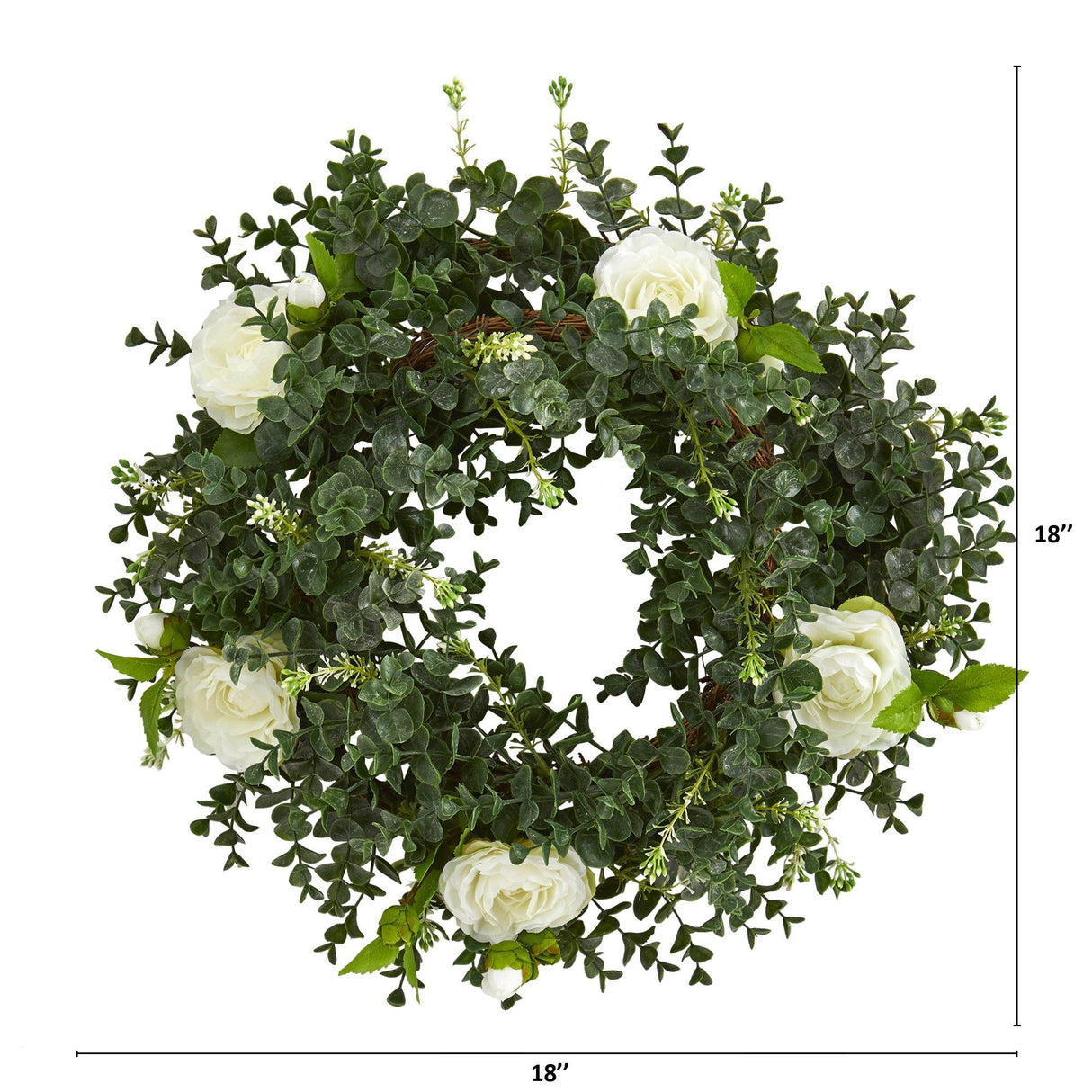 18” Eucalyptus and Camellia Double Ring Artificial Wreath with Twig Base-Parc Decor