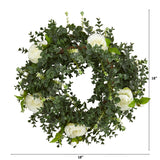 18” Eucalyptus and Camellia Double Ring Artificial Wreath with Twig Base-Parc Decor
