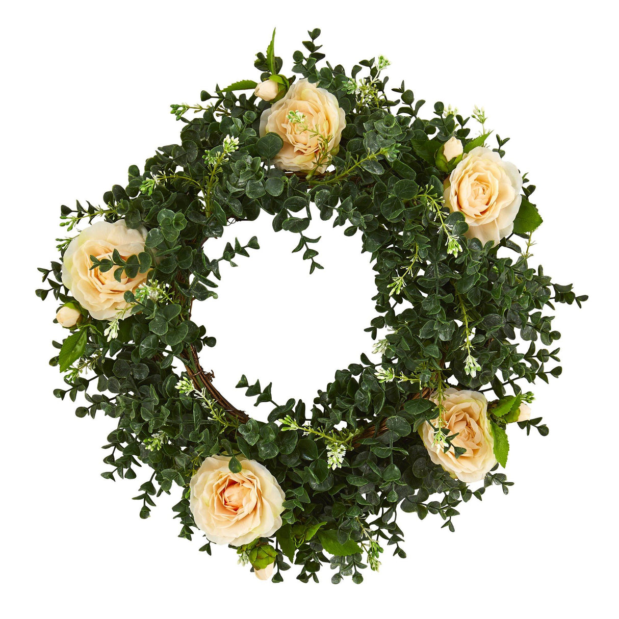 18” Eucalyptus and Camellia Double Ring Artificial Wreath with Twig Base-Parc Decor