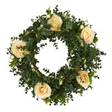 18” Eucalyptus and Camellia Double Ring Artificial Wreath with Twig Base-Parc Decor