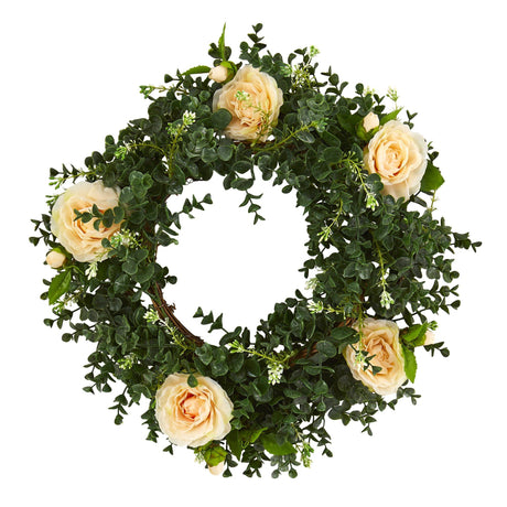 18” Eucalyptus and Camellia Double Ring Artificial Wreath with Twig Base-Parc Decor