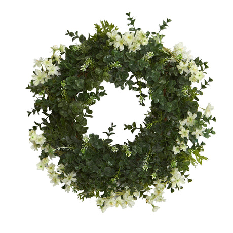 18” Eucalyptus and Dancing Daisy Double Ring Artificial Wreath with Twig Base-Parc Decor