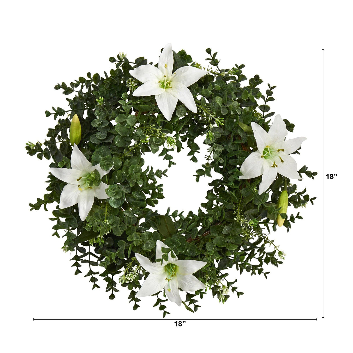 18” Eucalyptus and Lily Double Ring Artificial Wreath with Twig Base-Parc Decor