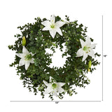 18” Eucalyptus and Lily Double Ring Artificial Wreath with Twig Base-Parc Decor