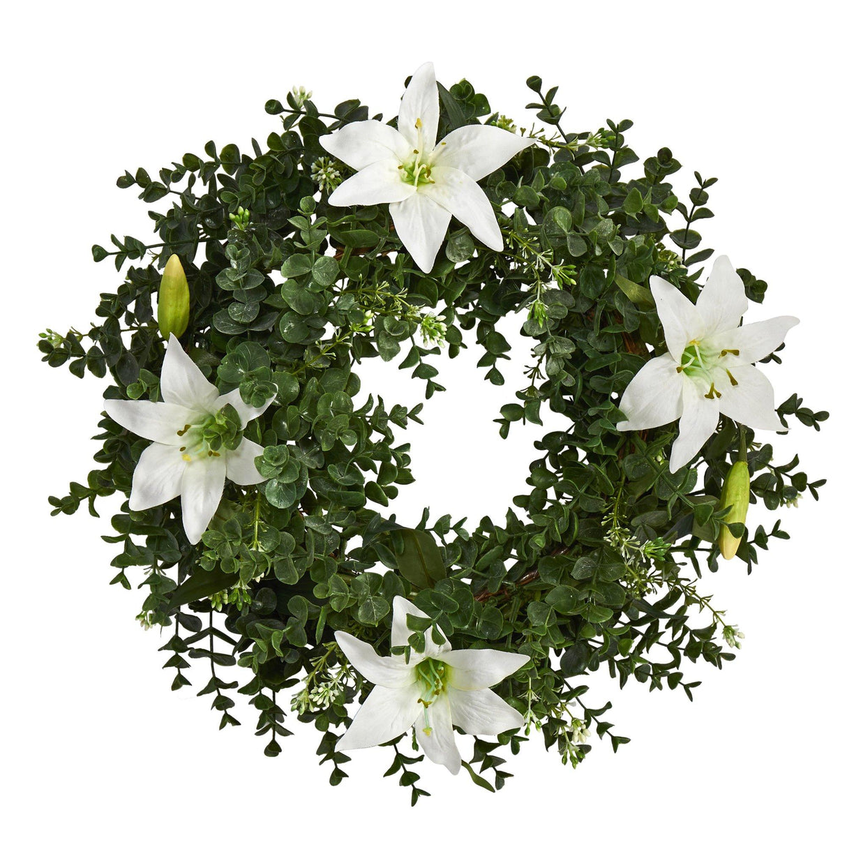18” Eucalyptus and Lily Double Ring Artificial Wreath with Twig Base-Parc Decor