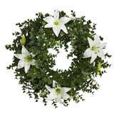 18” Eucalyptus and Lily Double Ring Artificial Wreath with Twig Base-Parc Decor