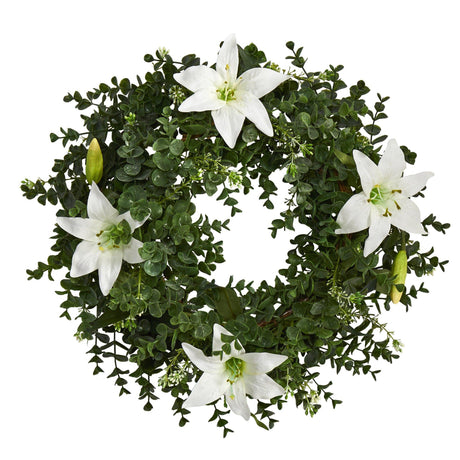 18” Eucalyptus and Lily Double Ring Artificial Wreath with Twig Base-Parc Decor