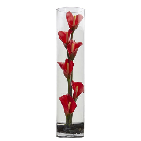 18” Mini Cally Lily Artificial Arrangement in Cylinder Glass-Parc Decor