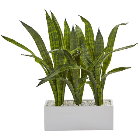 18” Sansevieria Artificial Plant in Glazed White Planter-Parc Decor
