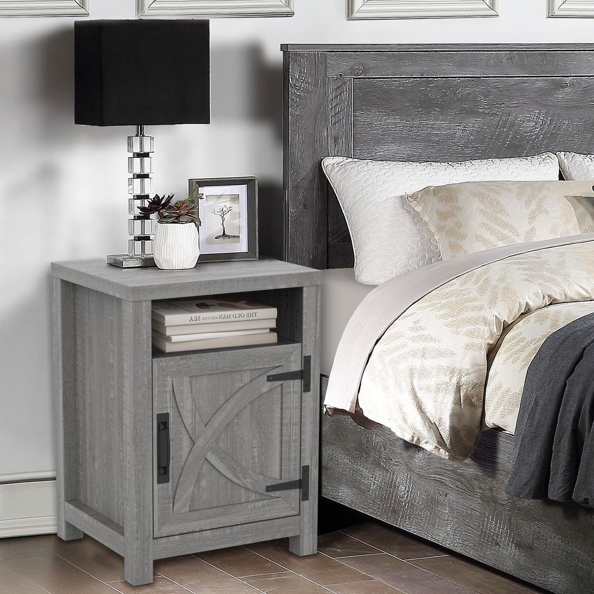 18" Solid Wood Farmhouse Nightstand for Bedroom in Brown or Grey or White-Parc Decor