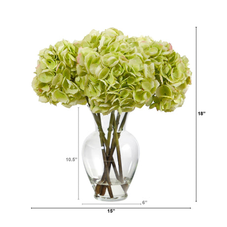 18” Yellow Hydrangea Artificial Arrangement in a Bouquet Glass Vase-Parc Decor