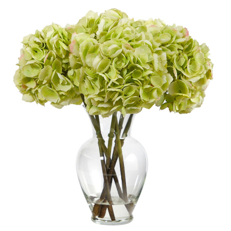 18” Yellow Hydrangea Artificial Arrangement in a Bouquet Glass Vase-Parc Decor