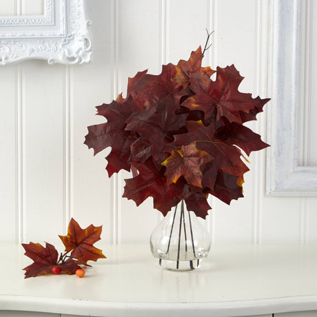 18” Autumn Maple Leaf Artificial Plant in Glass Planter-Plant in Planter-Parc Decor