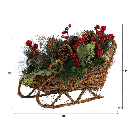 18” Christmas Sleigh with Pine, Pinecones and Berries Artificial Christmas Arrangement-Arrangement-Parc Decor
