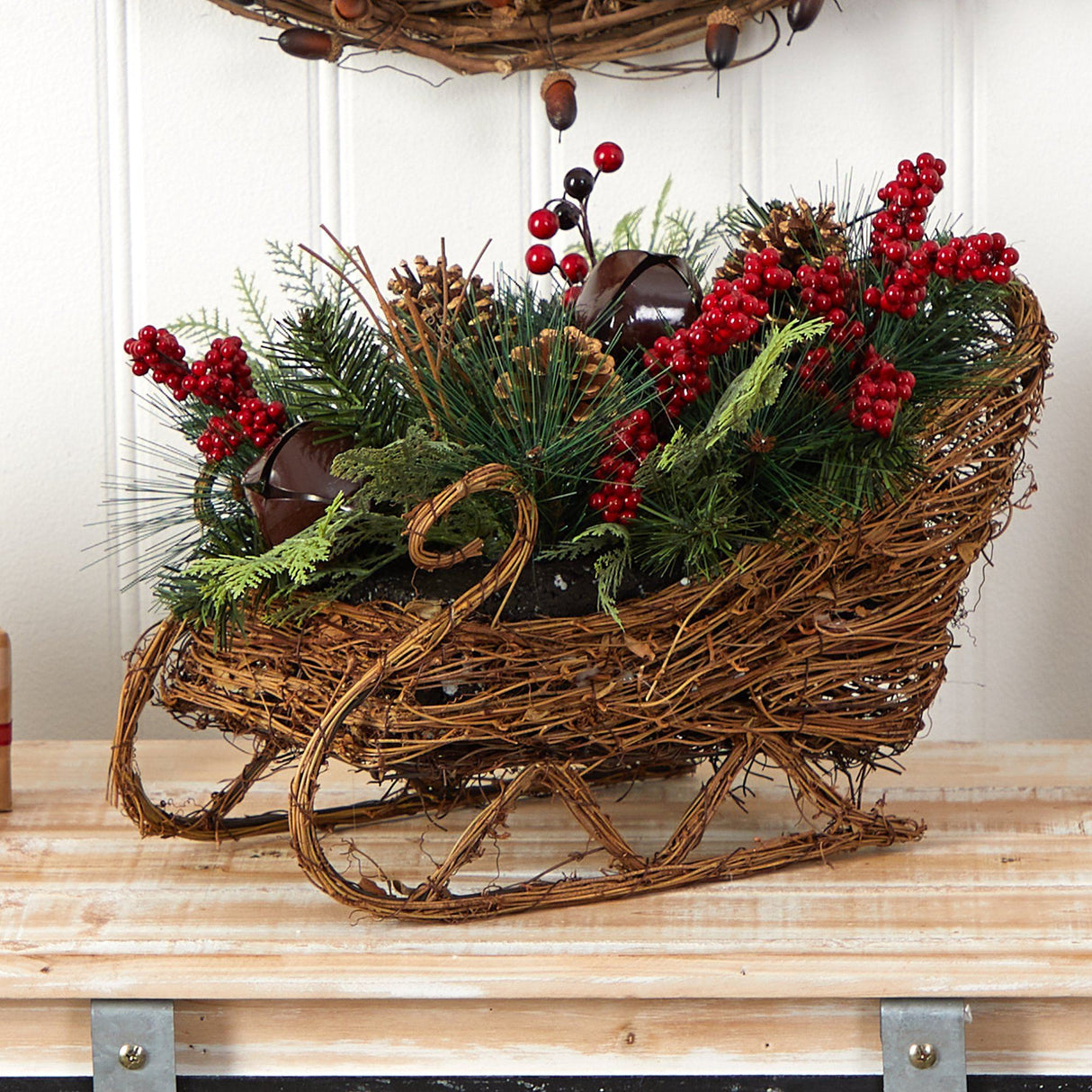 18” Christmas Sleigh with Pine, Pinecones and Berries Artificial Christmas Arrangement-Arrangement-Parc Decor