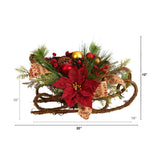 18” Christmas Sleigh with Poinsettia, Berries and Pinecone Artificial Arrangement with Ornaments-Arrangement-Parc Decor