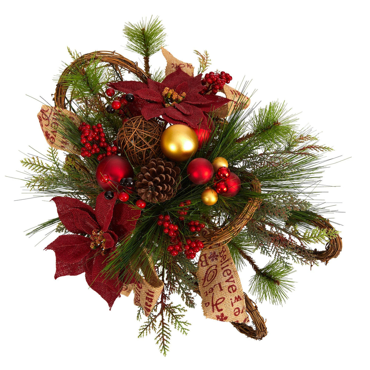 18” Christmas Sleigh with Poinsettia, Berries and Pinecone Artificial Arrangement with Ornaments-Arrangement-Parc Decor