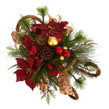 18” Christmas Sleigh with Poinsettia, Berries and Pinecone Artificial Arrangement with Ornaments-Arrangement-Parc Decor