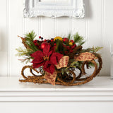 18” Christmas Sleigh with Poinsettia, Berries and Pinecone Artificial Arrangement with Ornaments-Arrangement-Parc Decor