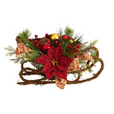 18” Christmas Sleigh with Poinsettia, Berries and Pinecone Artificial Arrangement with Ornaments-Arrangement-Parc Decor