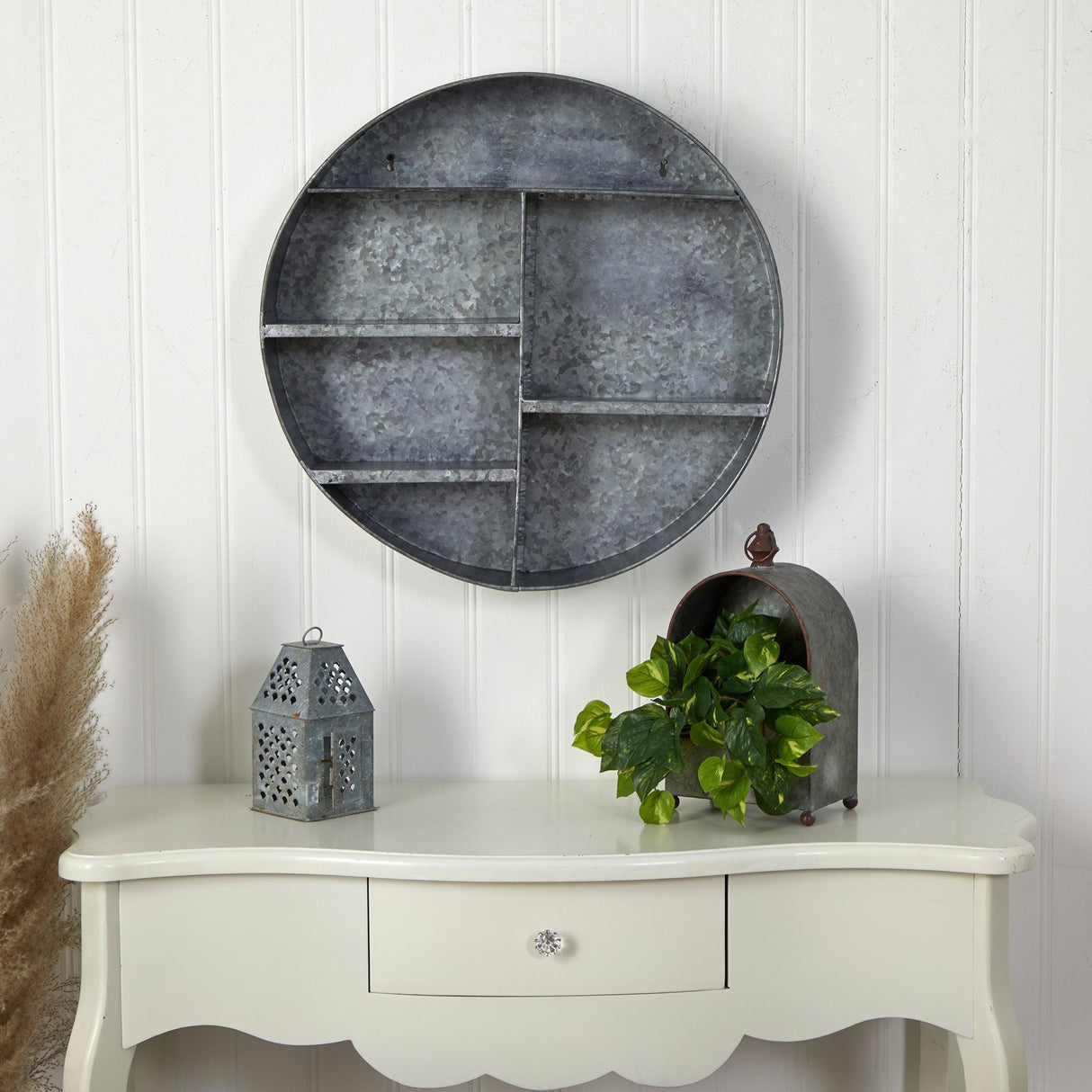 18” Galvanized Circular Metal Wall Mounted Shelf with Four Tier Shelves-Wall Decor-Parc Decor