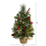 18” Mixed Pine Artificial Christmas Tree with Holly Berries, Pinecones, 35 Clear LED Lights and Burlap Base-Christmas Tree-Parc Decor