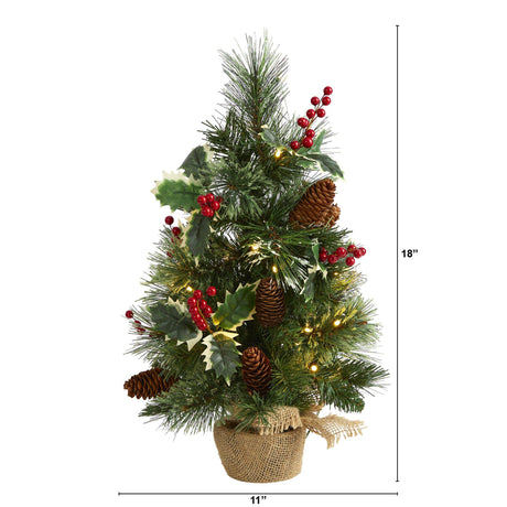 18” Mixed Pine Artificial Christmas Tree with Holly Berries, Pinecones, 35 Clear LED Lights and Burlap Base-Christmas Tree-Parc Decor