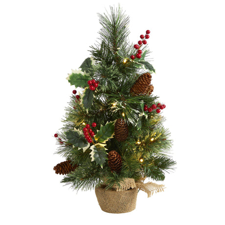 18” Mixed Pine Artificial Christmas Tree with Holly Berries, Pinecones, 35 Clear LED Lights and Burlap Base-Christmas Tree-Parc Decor