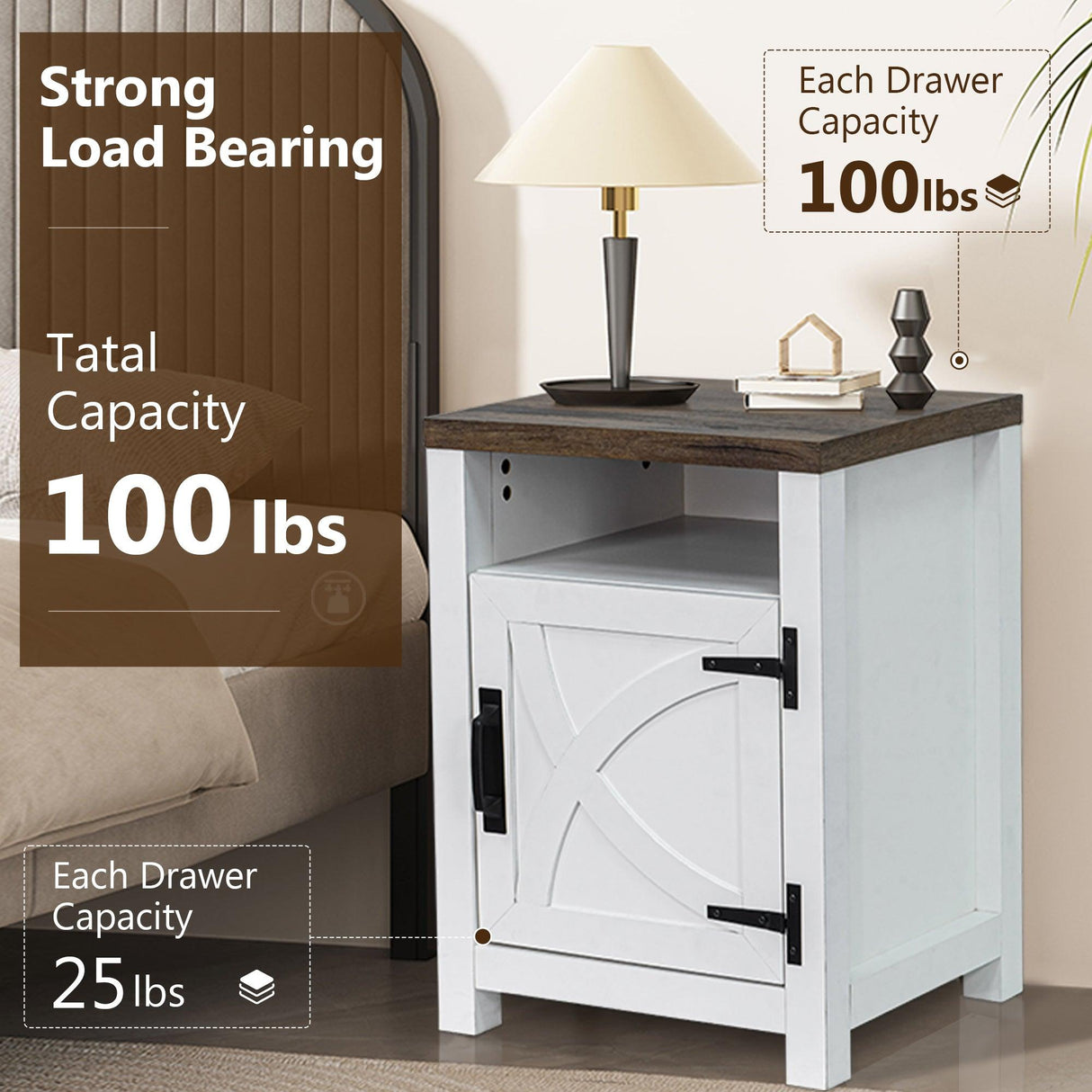 18" Solid Wood Farmhouse Nightstand for Bedroom in Brown, Grey, or White-Parc Decor