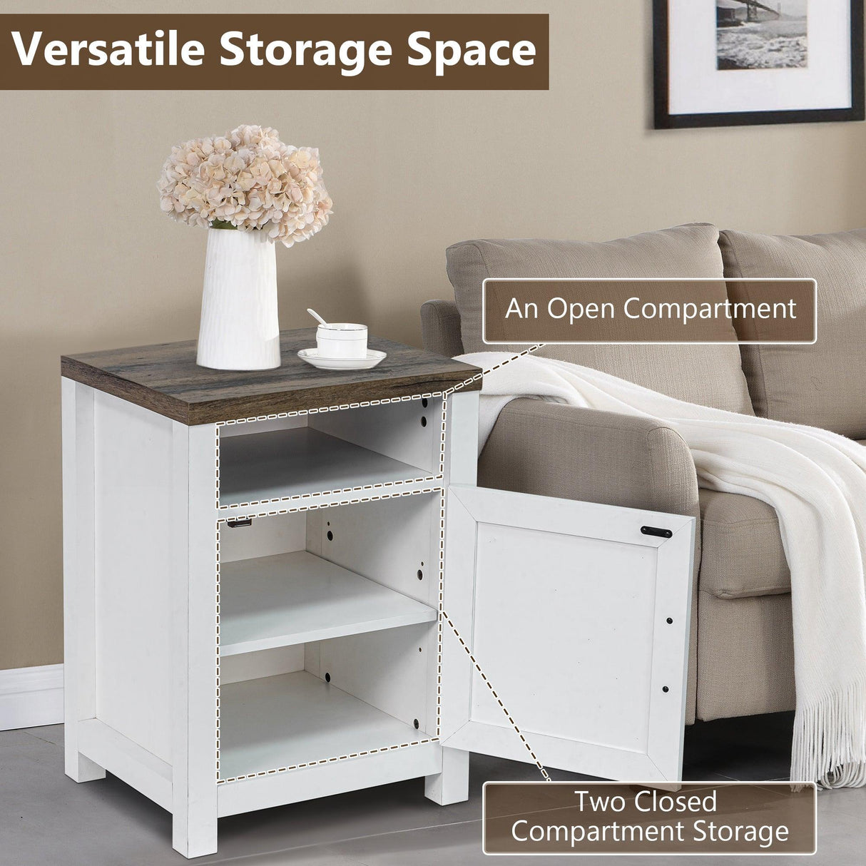 18" Solid Wood Farmhouse Nightstand for Bedroom in Brown, Grey, or White-Parc Decor