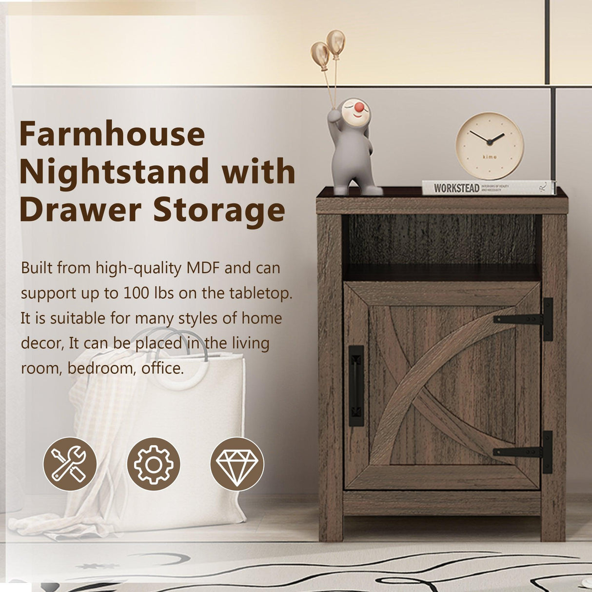 18" Solid Wood Farmhouse Nightstand for Bedroom in Brown, Grey, or White-Parc Decor