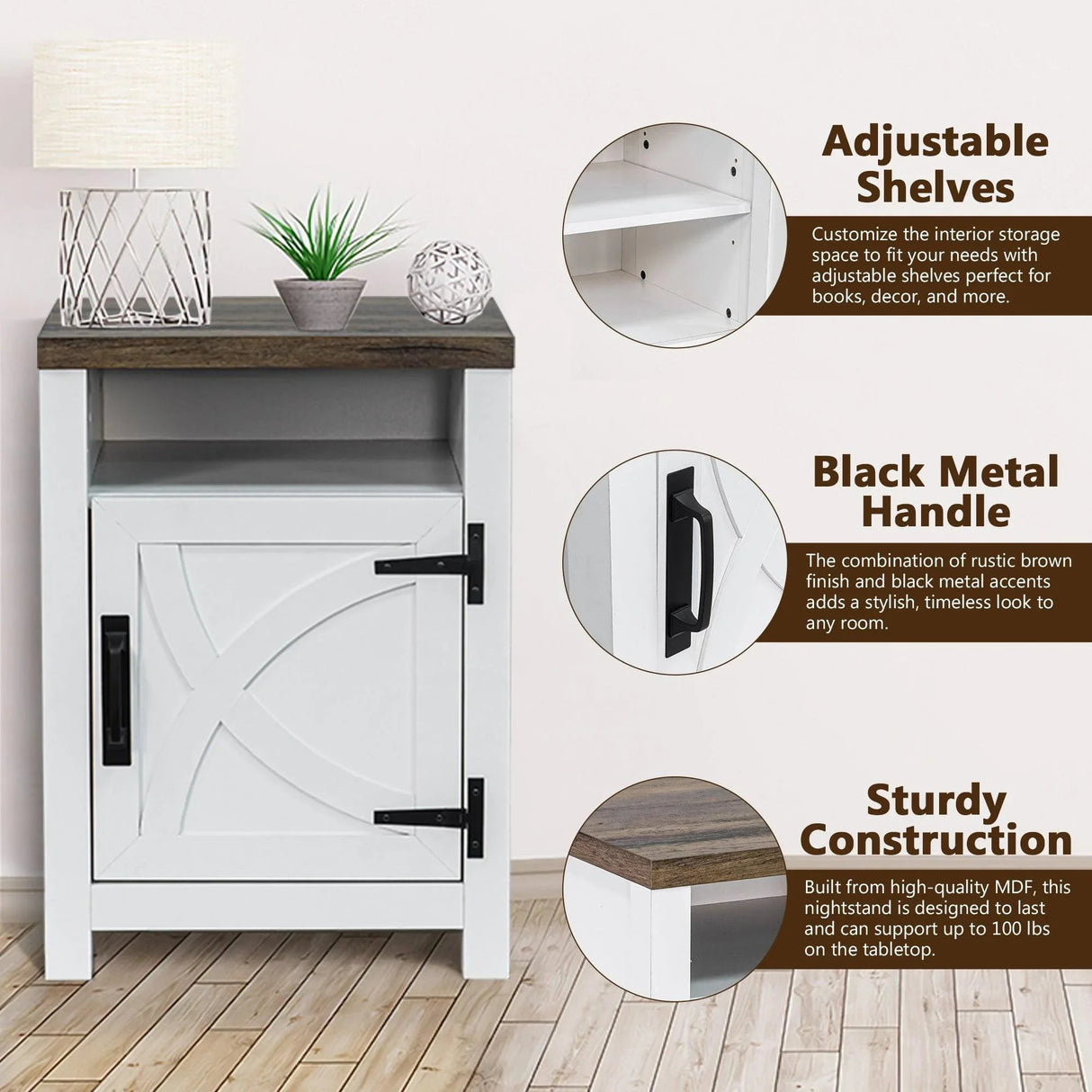 18" Solid Wood Farmhouse Nightstand for Bedroom in Brown or Grey or White