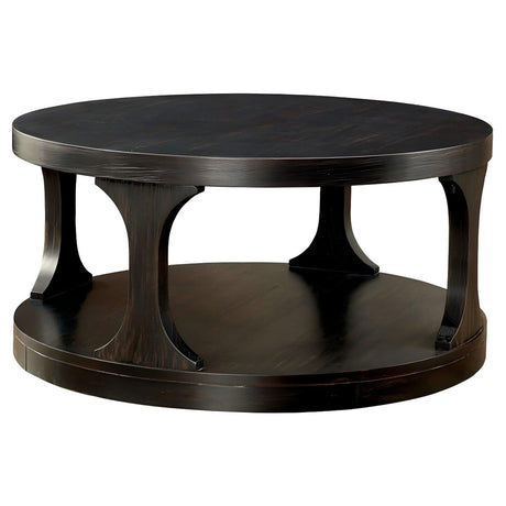 18"H Antique Black Round Structure Coffee Table with Open Shelf-Parc Decor