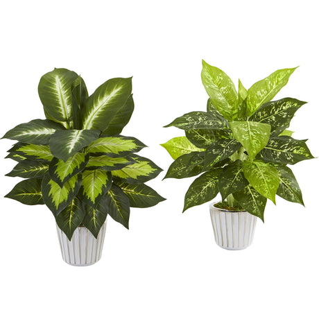 19” Dieffenbachia Artificial Plant in White Vase (Set of 2)-Parc Decor