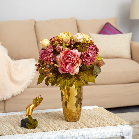 19” Peony Artificial Arrangement in Gold Vase-Parc Decor