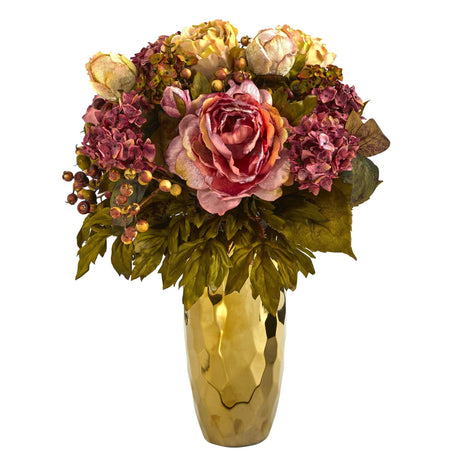 19” Peony Artificial Arrangement in Gold Vase-Parc Decor