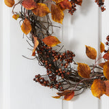 19” Harvest Leaf, Berries and Twig Artificial Wreath-Wreath-Parc Decor