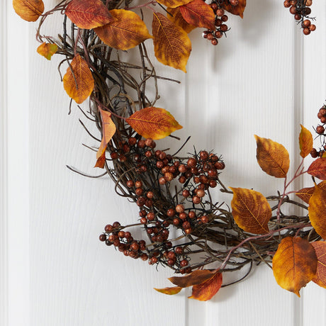 19” Harvest Leaf, Berries and Twig Artificial Wreath-Wreath-Parc Decor
