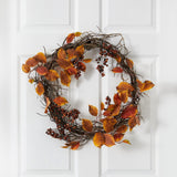 19” Harvest Leaf, Berries and Twig Artificial Wreath-Wreath-Parc Decor