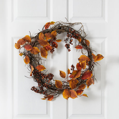 19” Harvest Leaf, Berries and Twig Artificial Wreath-Wreath-Parc Decor