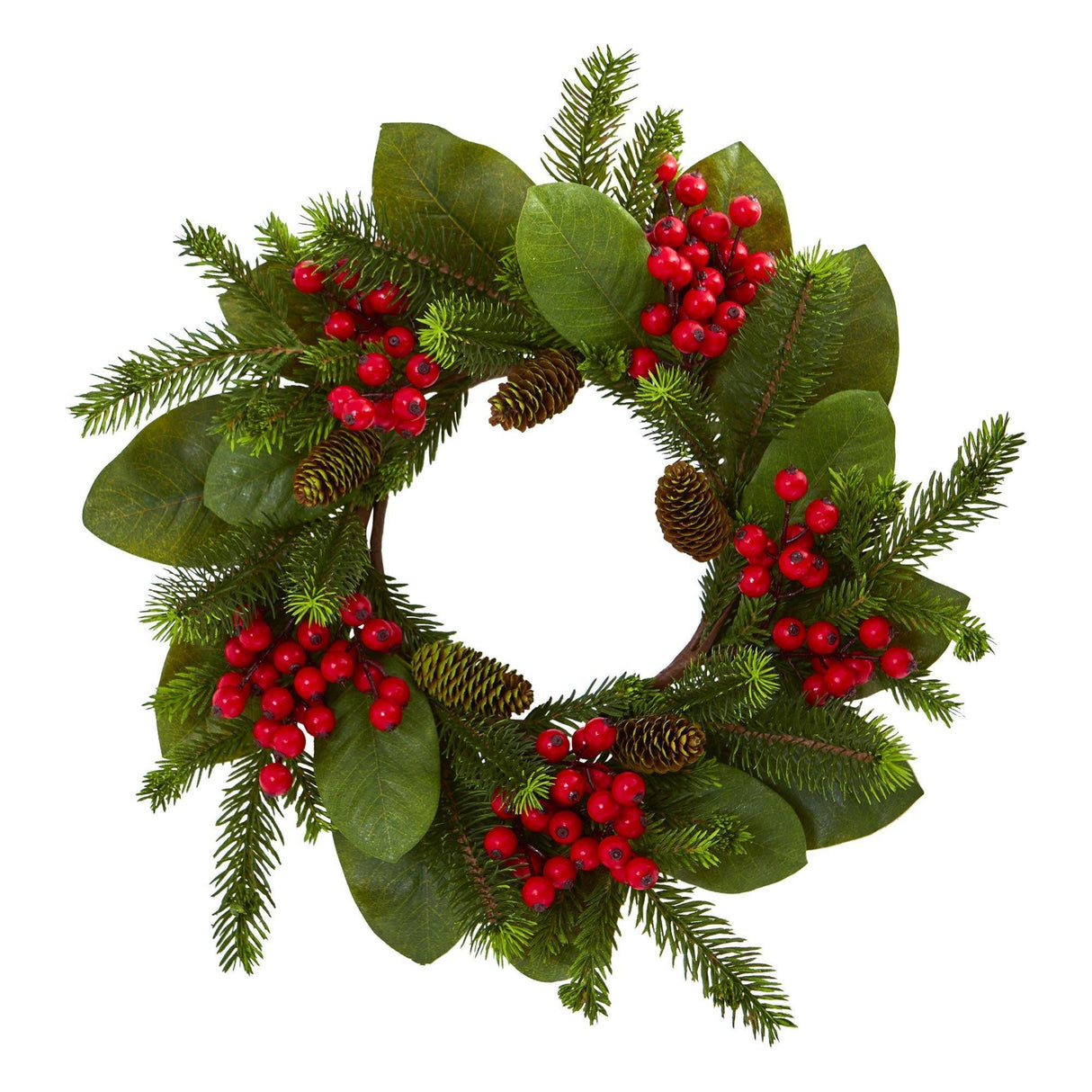 19” Magnolia Leaf, Berry and Pine Artificial Wreath-Wreath-Parc Decor