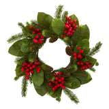 19” Magnolia Leaf, Berry and Pine Artificial Wreath-Wreath-Parc Decor