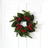 19” Magnolia Leaf, Berry and Pine Artificial Wreath-Wreath-Parc Decor