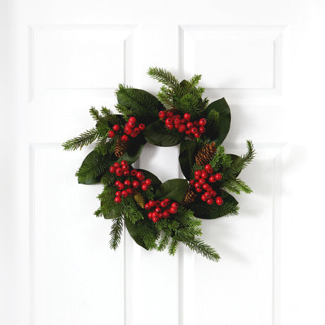 19” Magnolia Leaf, Berry and Pine Artificial Wreath-Wreath-Parc Decor