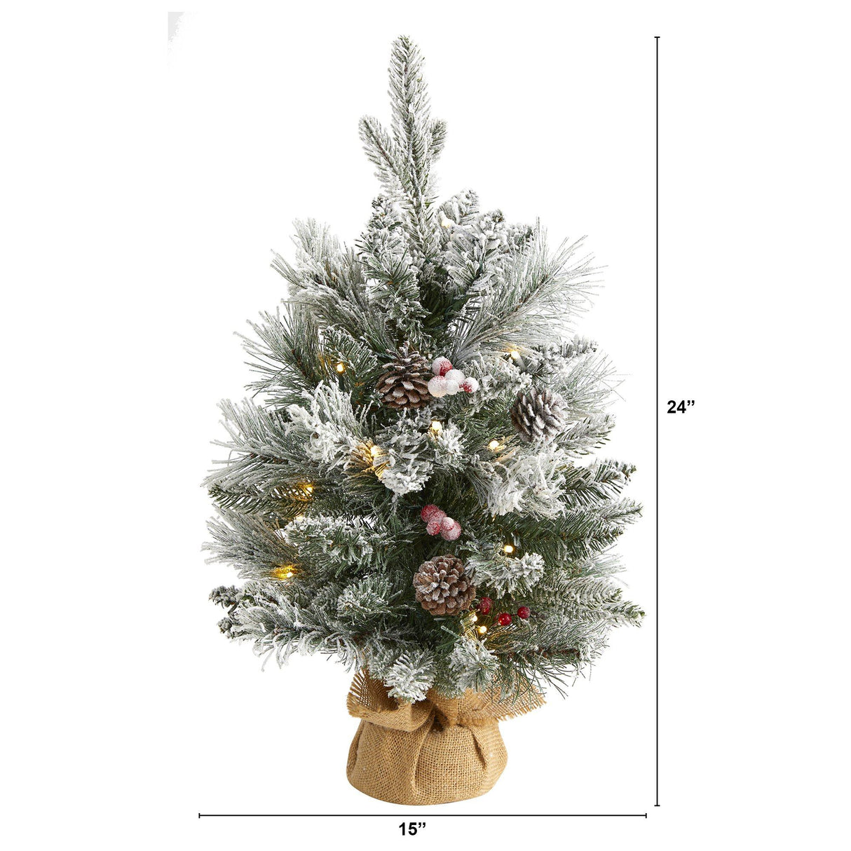 2' Flocked Artificial Christmas Tree with 30 Clear Lights, 73 Bendable Branches, Pine Cones and Berries-Parc Decor