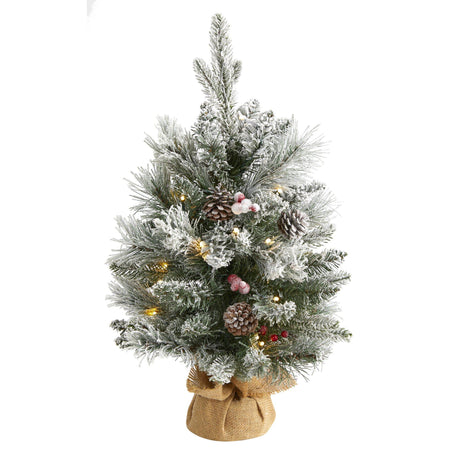 2' Flocked Artificial Christmas Tree with 30 Clear Lights, 73 Bendable Branches, Pine Cones and Berries-Parc Decor