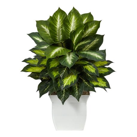 2’ Golden Dieffenbachia Artificial Plant in White Metal Planter-Parc Decor